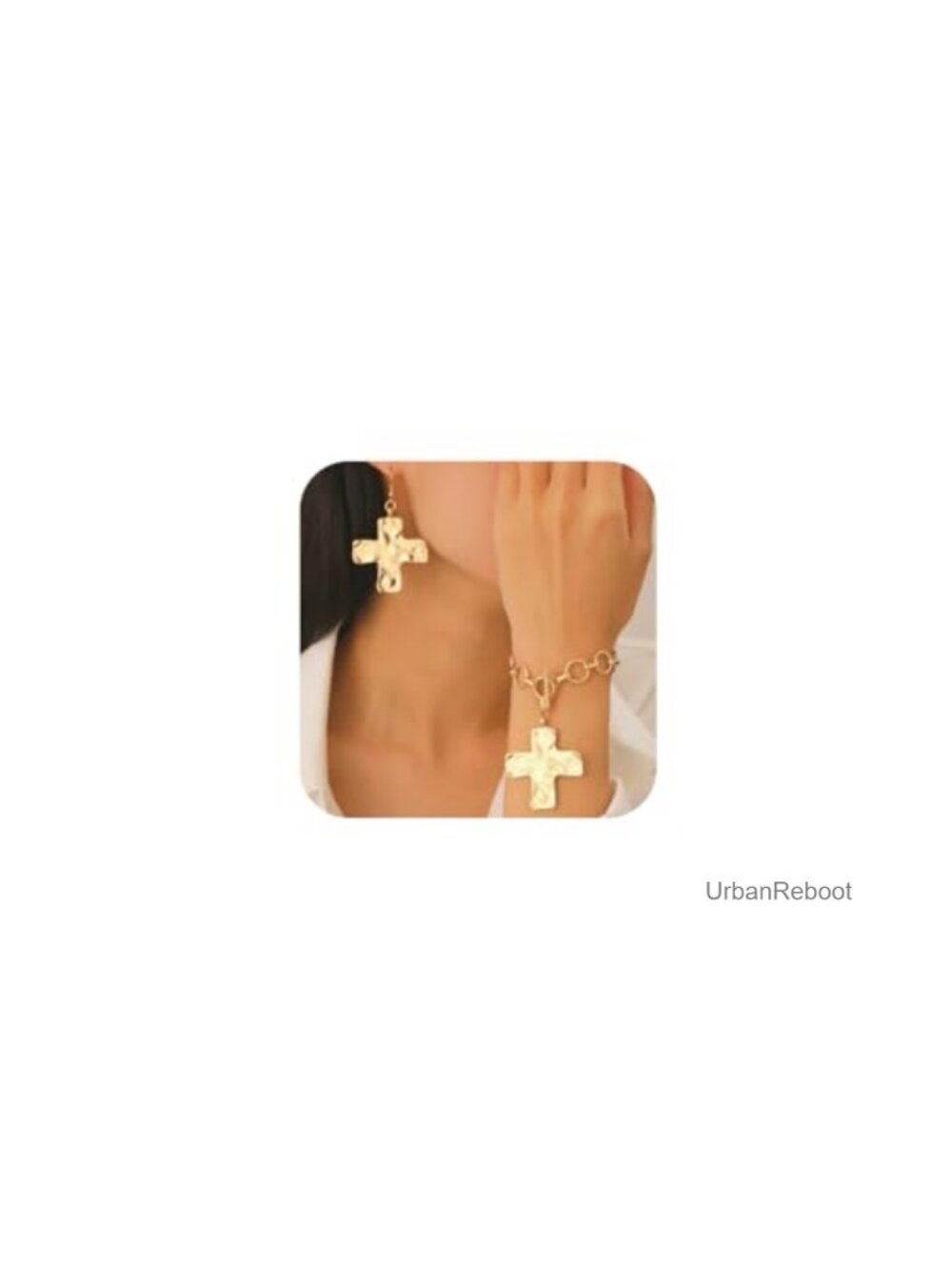Chunky Hammered Cross Dangle Earrings & Bracelet Set, Vintage Faith Jewelry